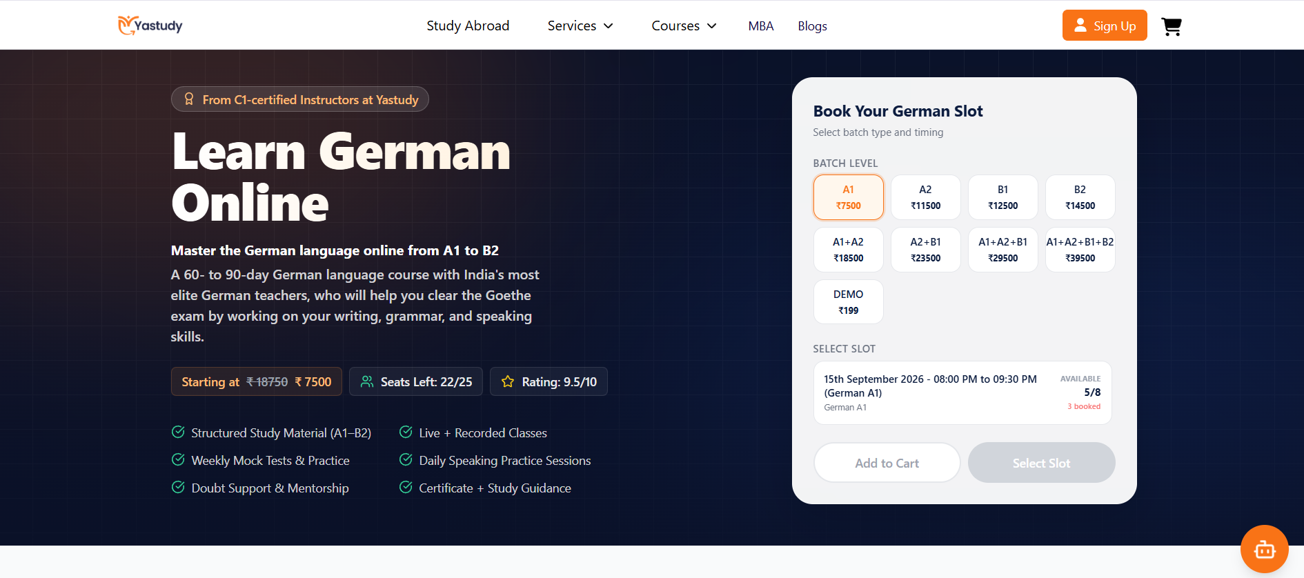 Yastudy German course landing page